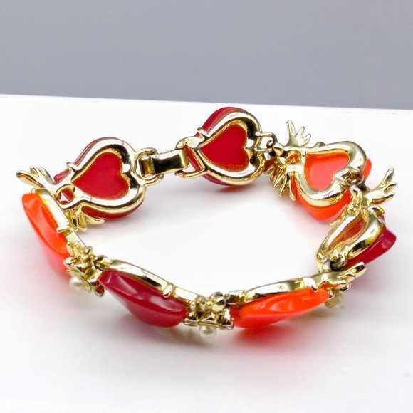 Bold Hearts and Pearls Link Bracelet, Thermoset Lucite in Red and Orange Fall - Picture 4 of 5